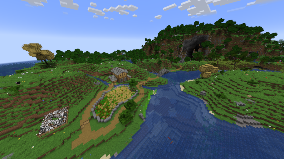 My current hardcore world. The paths to the right lead to my mine in the mountain. I made that stream by hand :)