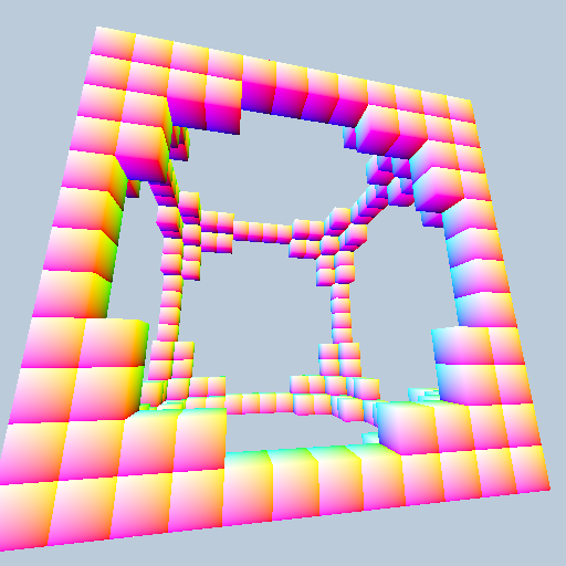 This is just a cube with a sphere subtracted from it. Colouring is just based on world coordinates.